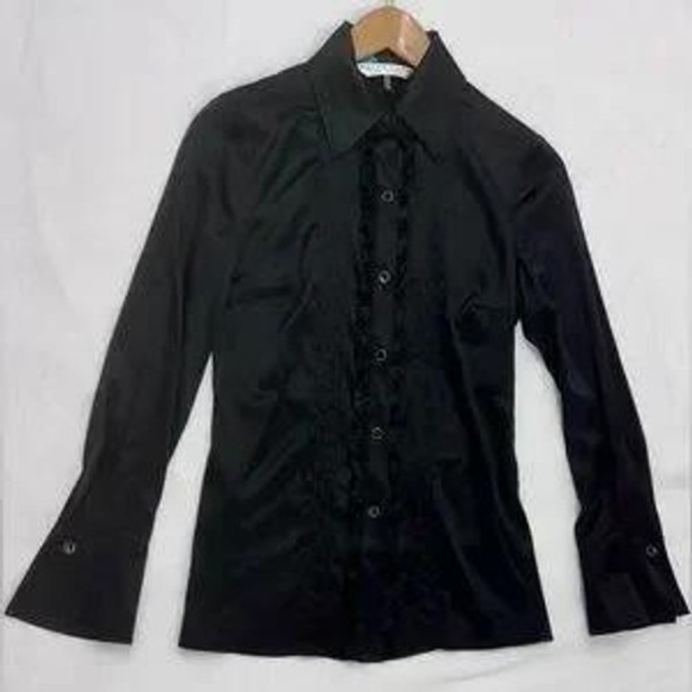 TRINA TURK Black Silk Spandex Long‎ Sleeve Ruffle Button Front Shirt Sz P/Sm